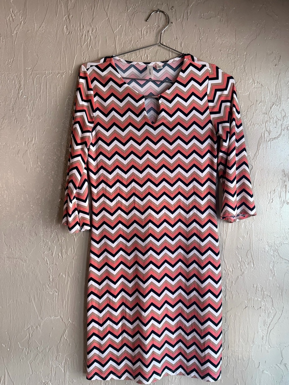 Tacera Womens PS Petite Chevron Shift Dress Coral Navy 3/4 Bell Sleeve
